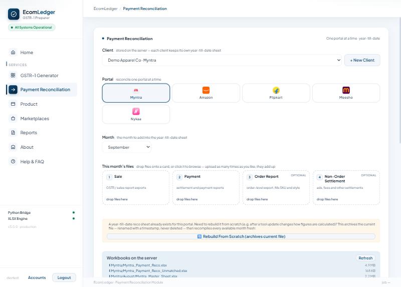 The Payment Reconciliation screen with a client, the five marketplaces and a
                        month chosen, and four empty upload cards each reading drop files here.